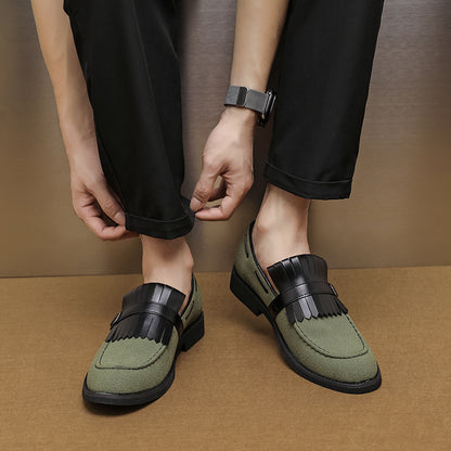 Men's British Style Business Formal Shoes - Olive Green Free-Slipped Casual Loafers