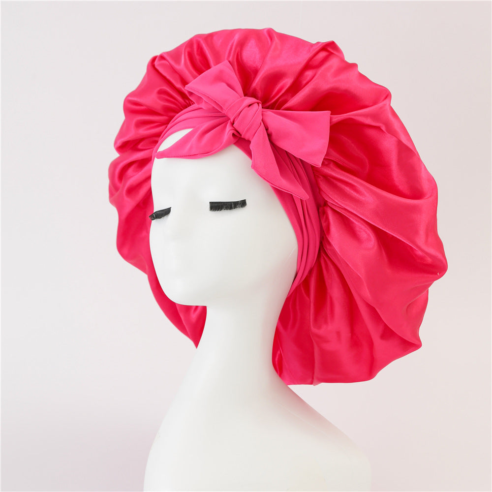 Wide-Brimmed Satin Bonnets with Elastic Ribbon Bow | Solid Color Hairdressing Sleep Cap