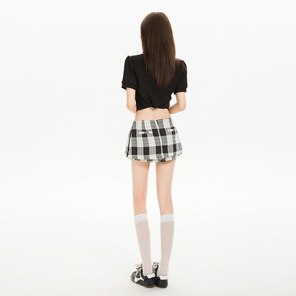 Retro Plaid Mini Skort for Women - Black & White Contrast Design