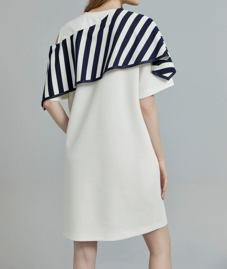 Chic Off-Shoulder Stripe Design White Commuting Dress - Elegant Minimalist Short Sleeve Niche Skirt for Women