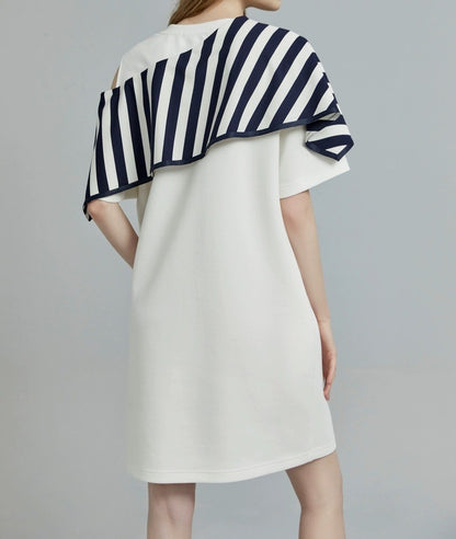 Chic Off-Shoulder Stripe Design White Commuting Dress - Elegant Minimalist Short Sleeve Niche Skirt for Women