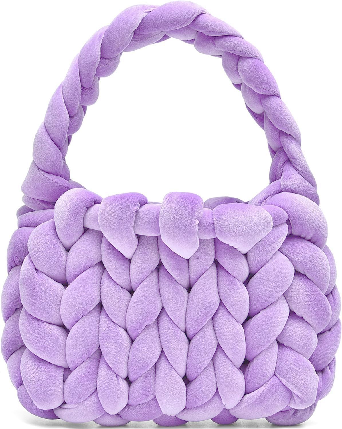 Chunky Hand-Knitted Velvet Yarn Shoulder Bag - Pink