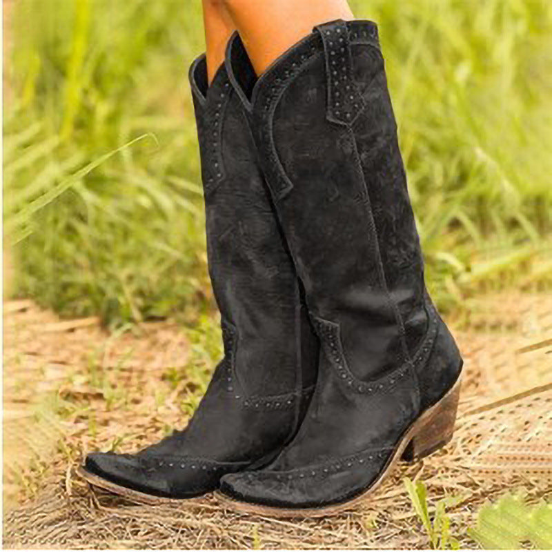 Women's Retro Long Boots with Rivets (Western Style)