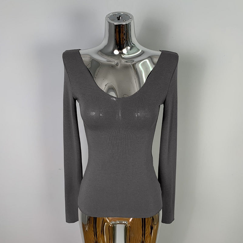 Chic Ribbed Long Sleeve V-Neck Top - Slim Fit Solid Grey Casual Base Layer