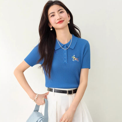 Women's Slim Fit Blue Polo Knit Shirt - Embroidered Short Sleeve Top