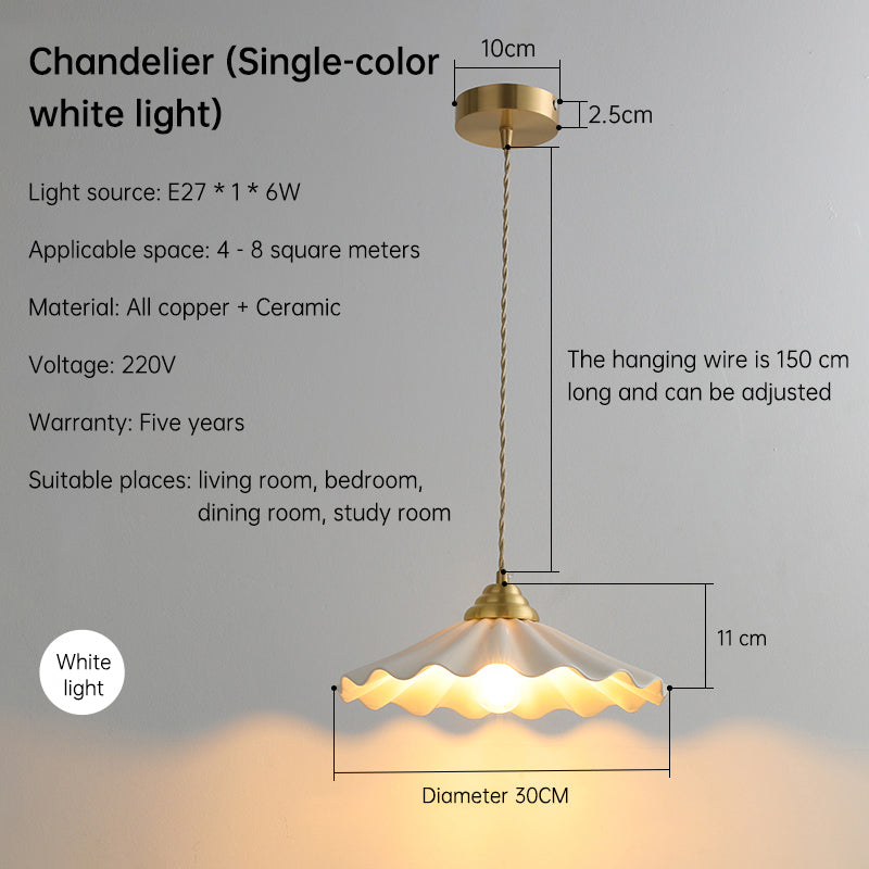 All-Copper Retro Rice-Hat Pendant Light – Elegant Floral Ceramic Chandelier for Bedroom & Cafe