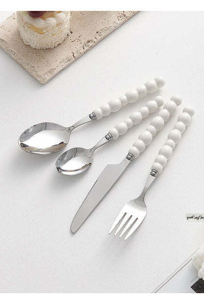 4-Piece Designer Pearl Handle Cutlery Set - Elegant Emerald Green & Stainless Steel Flatware