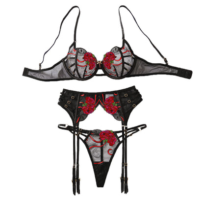 Red Floral Embroidered Mesh 3-Piece Lingerie Set