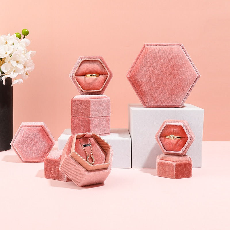 Hexagonal Velvet Jewelry Box - High-End Korean Ring & Earring Gift Box