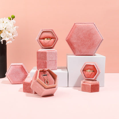 Hexagonal Velvet Jewelry Box - High-End Korean Ring & Earring Gift Box