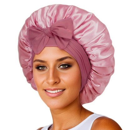 Wide-Brimmed Satin Bonnets with Elastic Ribbon Bow | Solid Color Hairdressing Sleep Cap