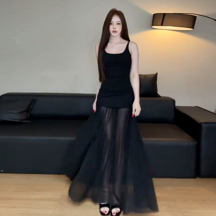 Chic Mesh Splicing Maxi Dress - Elegant Strapless Waist-Cinching Summer Evening Gown