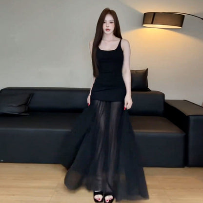 Chic Mesh Splicing Maxi Dress - Elegant Strapless Waist-Cinching Summer Evening Gown