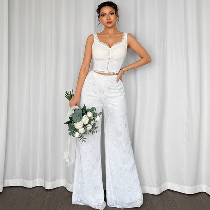 Women's High Rise Wide Leg Trousers - Stylish White Lace Pants