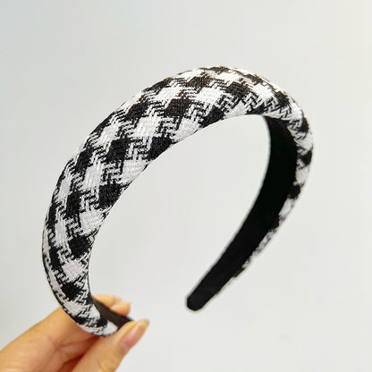 French Vintage Houndstooth Wide Headband - Elegant Thick Sponge Hair Hoop for Women