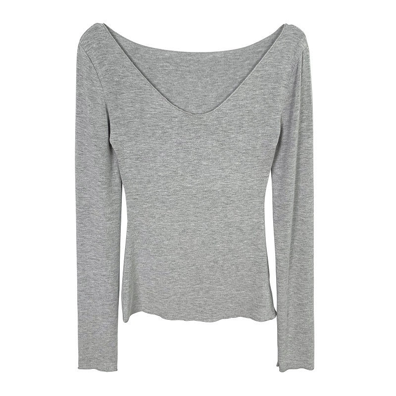 Chic Ribbed Long Sleeve V-Neck Top - Slim Fit Solid Grey Casual Base Layer