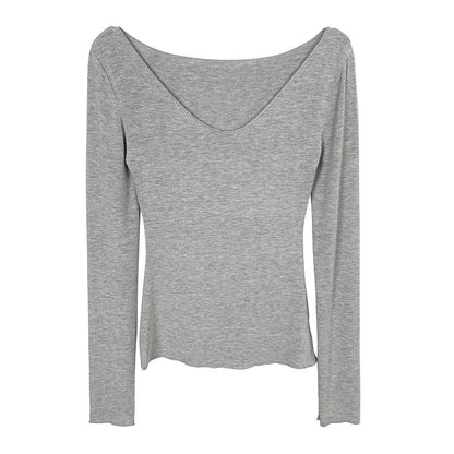Chic Ribbed Long Sleeve V-Neck Top - Slim Fit Solid Grey Casual Base Layer