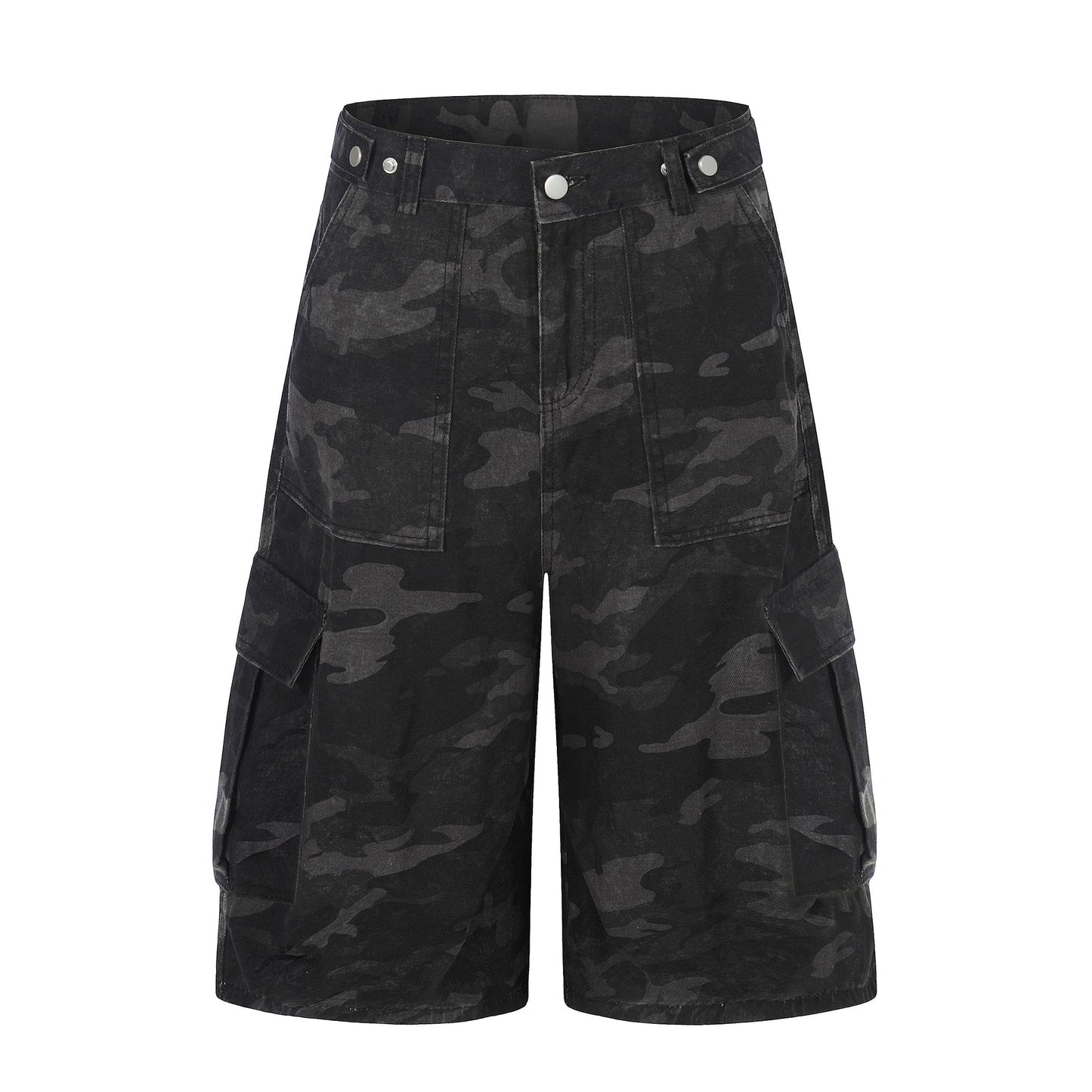 Dark Camo Multi-Pocket Cargo Shorts - Tactical Wide Leg Denim Streetwear Pants