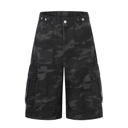 Dark Camo Multi-Pocket Cargo Shorts - Tactical Wide Leg Denim Streetwear Pants