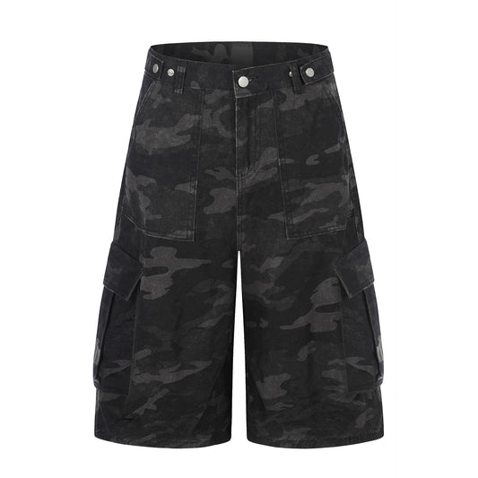 Dark Camo Multi-Pocket Cargo Shorts - Tactical Wide Leg Denim Streetwear Pants