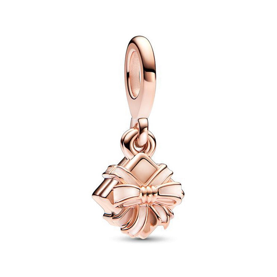 Rose Gold-Tone Bow Ribbon Dangle Charm / Openable Cute Gift Box Pendant for Bracelets