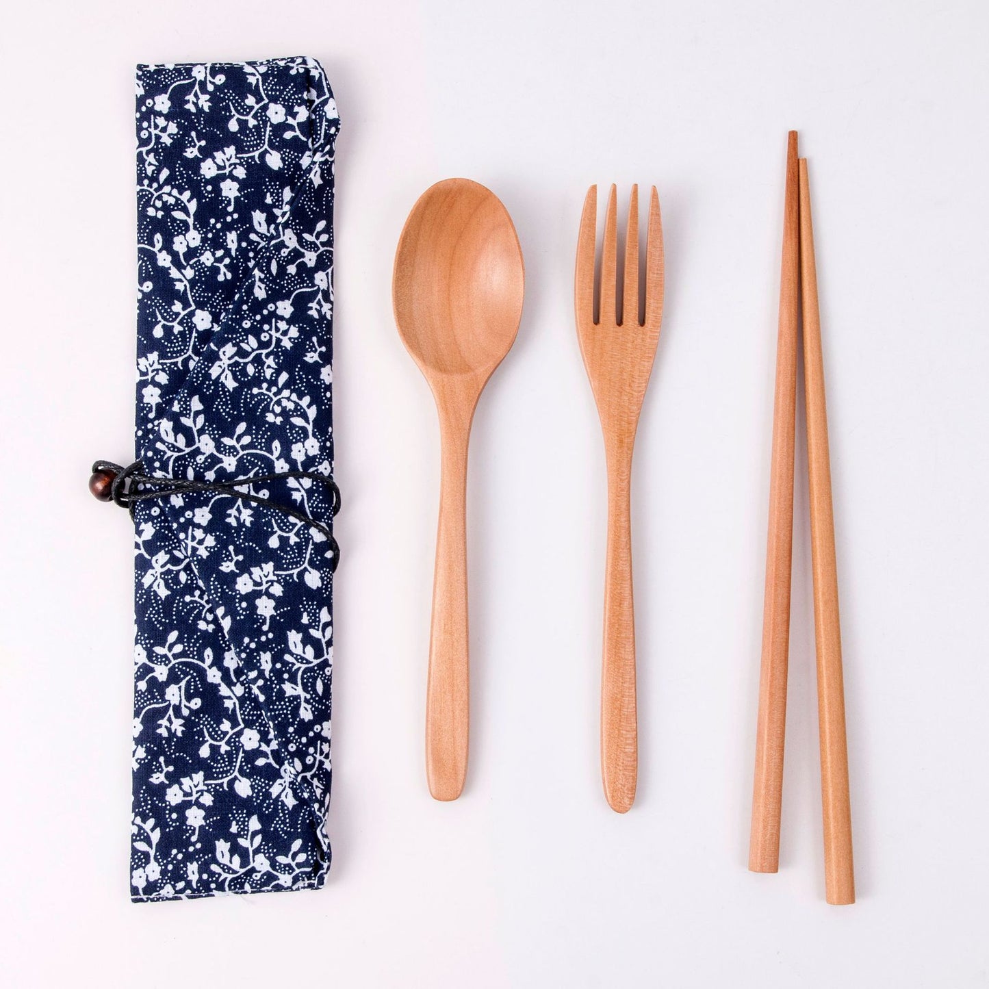 Japanese Style 3-Piece Portable Wooden Cutlery Set with Pouch