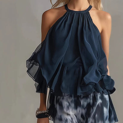 Chic Summer 2-Piece Outfit - Ruffle Halter Blouse with Tie-Dye Palazzo Pants