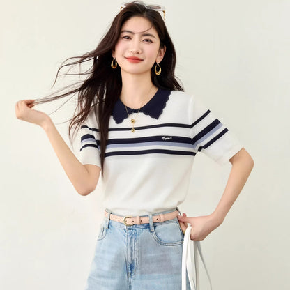 Women's Color-Blocking Stripe Knit Top - Casual Short Sleeve Workwear Shirt