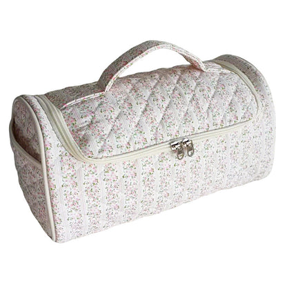 Quilted Floral Makeup Storage Bag - Large Capacity Vintage Cosmetic Travel Case