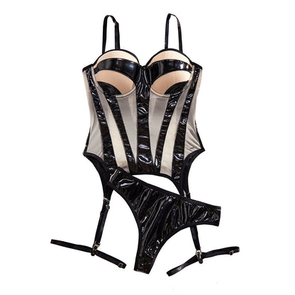 Leather Look PVC Corset Lingerie 3-Piece Set with Thong