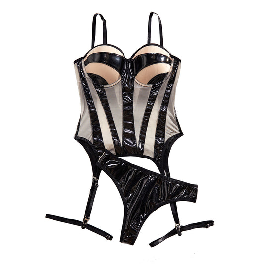 Leather Look PVC Corset Lingerie 3-Piece Set with Thong