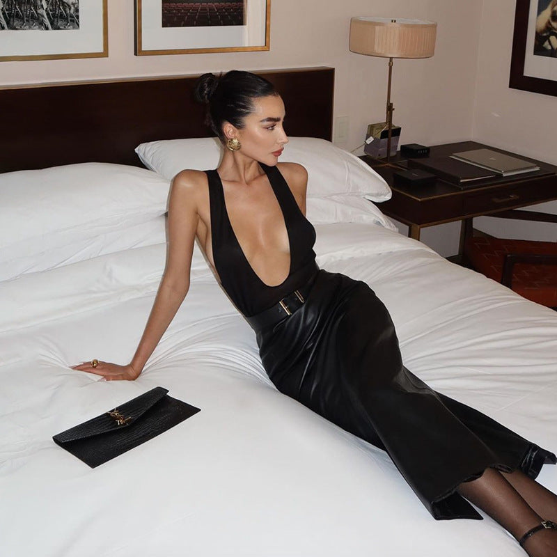 Edgy Low-Cut Sleeveless PU Leather Patchwork Dress - Sexy Bodycon Gown