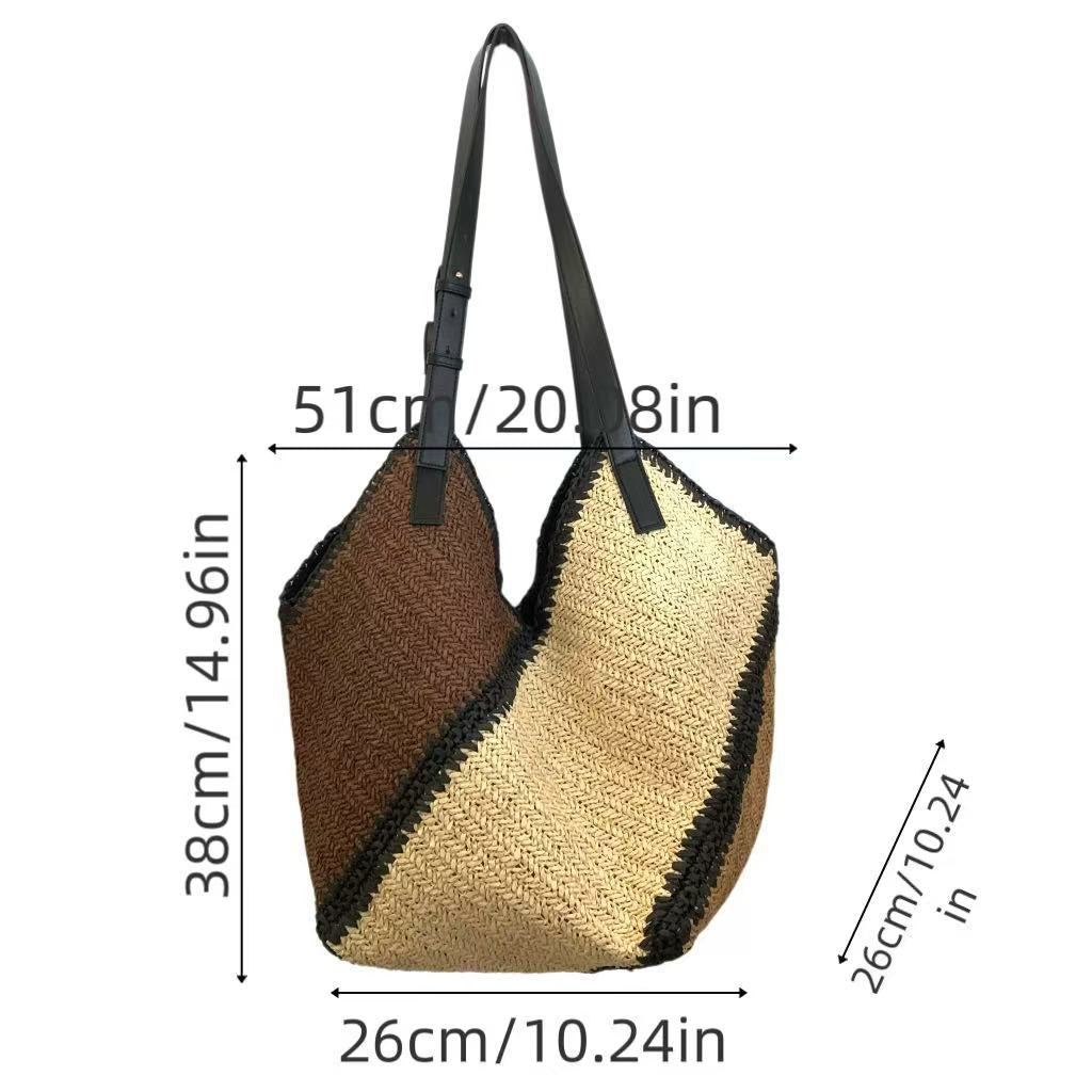 Vintage Hand-Woven Straw Shoulder Bag - Casual Straw Patchwork Hobo Bag & Summer Beach Tote