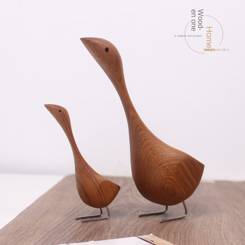 Nordic Hand-Carved Wooden Swan Figurine – Minimalist Teak Wood Bird Sculpture for Home Decor