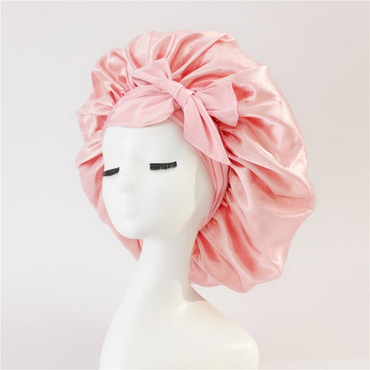 Wide-Brimmed Satin Bonnets with Elastic Ribbon Bow | Solid Color Hairdressing Sleep Cap