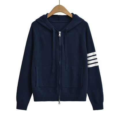 Cozy Full-Zip Hooded Knitted Sweater – Casual Striped Sleeve Hoodie for Women