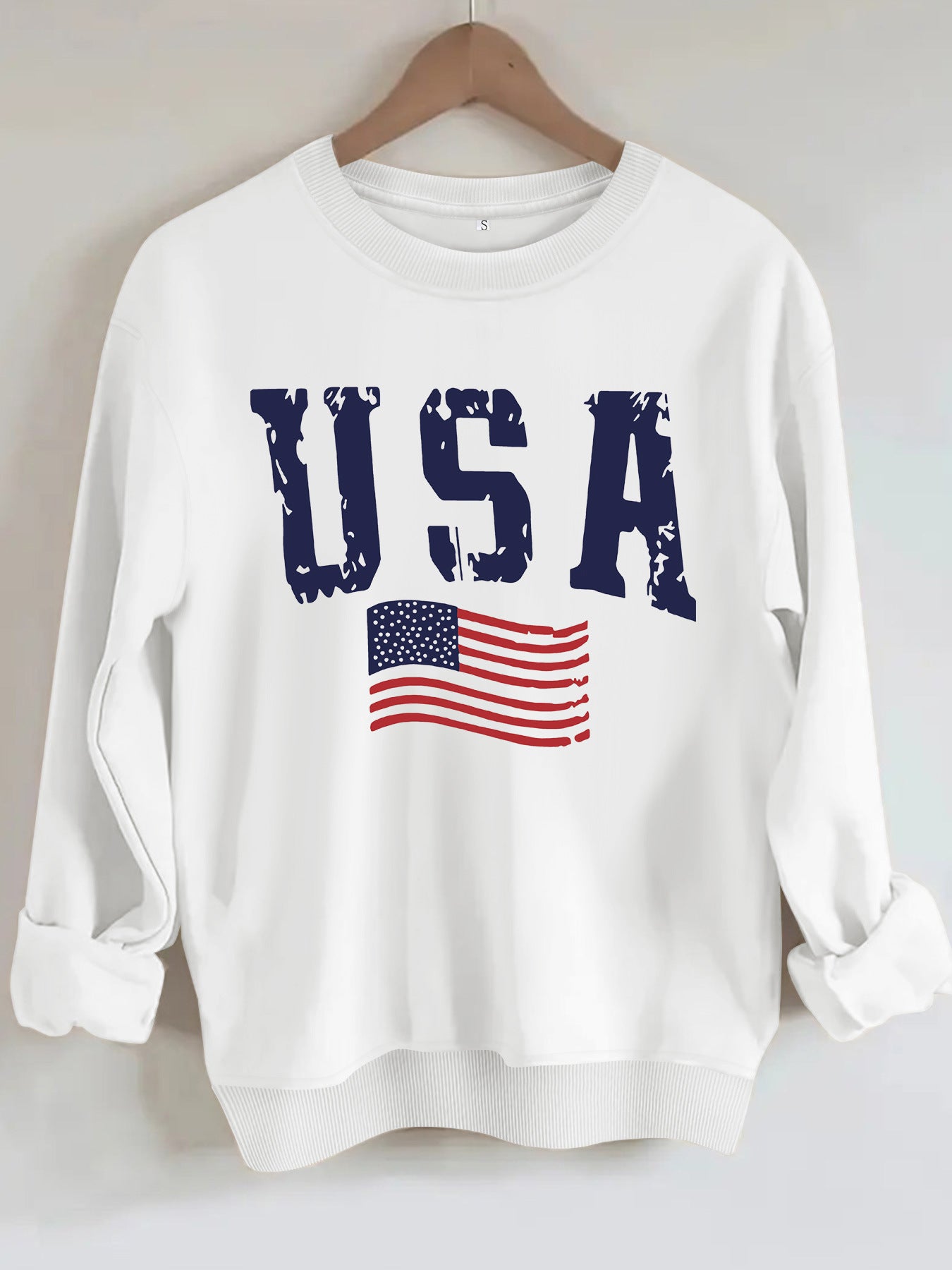 USA Flag Distressed Print Grey Sweatshirt | Unisex Round Neck Sports Pullover
