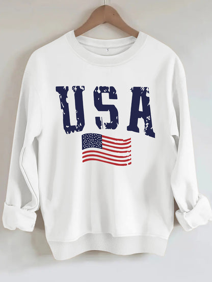 USA Flag Distressed Print Grey Sweatshirt | Unisex Round Neck Sports Pullover