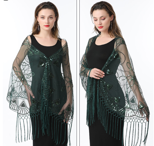 Women's Sequin Mesh Cape Shawl | Elegant Tassel Bolero Wedding & Evening Dress Wrap