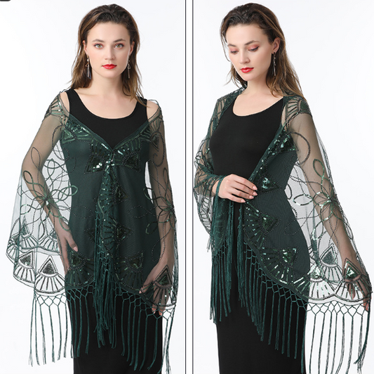 Women's Sequin Mesh Cape Shawl | Elegant Tassel Bolero Wedding & Evening Dress Wrap