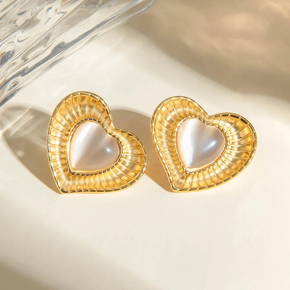 Gold Tone Cat Eye Stone Heart Stud Earrings