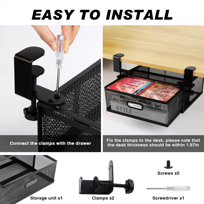 Clamp-On Under-Table Organizer - No-Drill Hidden Hanging Shelf for Desk Storage