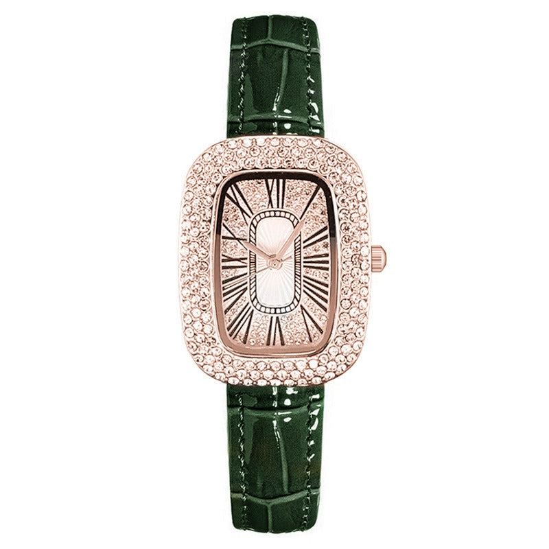 Elegant Small Green Quartz Watch for Women with Rhinestone Bezel