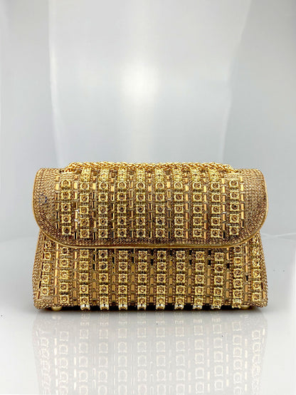 Elegant Black and Gold Chain-Adorned Evening Clutch Bag with Long Strap