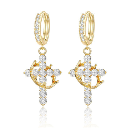 Gold Tone Zircon Pave Cross Dangle Hoop Earrings