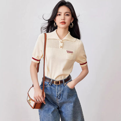 Vintage Apricot Polo Neck Knit Top - Summer Loose Short Sleeve Shirt