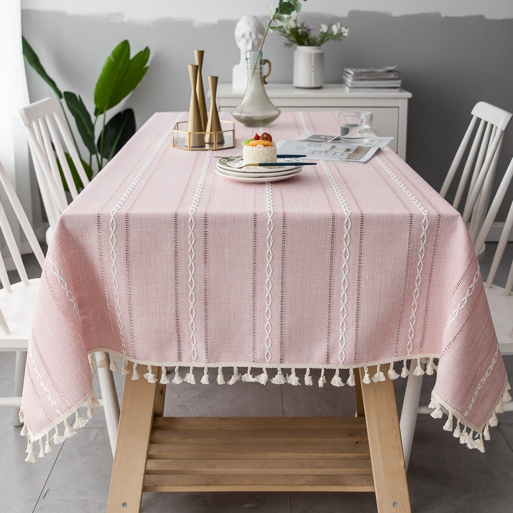 Nordic Jacquard Cotton Linen Tablecloth – Elegant Pink Long Stripe Table Cover with Decorative Tassels