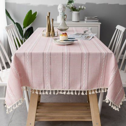Nordic Jacquard Cotton Linen Tablecloth – Elegant Pink Long Stripe Table Cover with Decorative Tassels