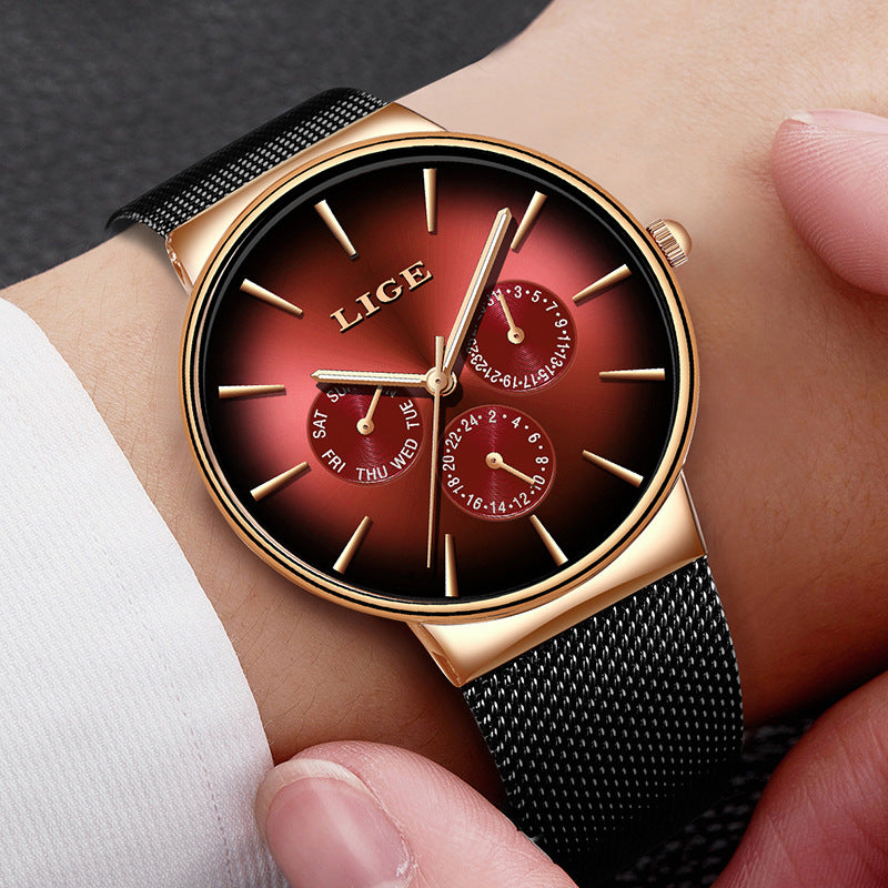 LIGE Men's Luxury Quartz Watch - Slim Mesh Strap Waterproof Business Wristwatch