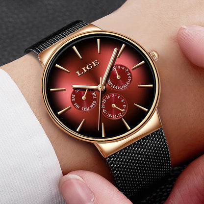 LIGE Men's Luxury Quartz Watch - Slim Mesh Strap Waterproof Business Wristwatch